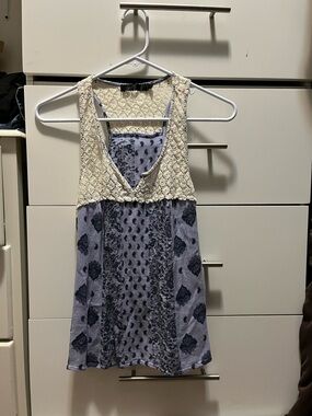 BKE Cream Lace Blue Patterned Tank Top